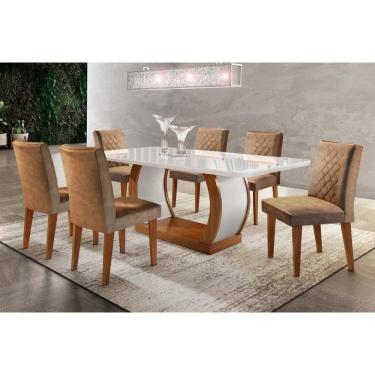 Imagem de Sala De Jantar Completa Tampo Madeirado C/ Vidro Canto Reto 6 Cadeiras Imbuia/Chocolate Capuccino