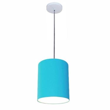 Imagem de Lustre Luminária Pendente Vivare Free Lux Pe-4104br Cúpula Em Tecido 15x25cm Azul-turquesa Canopla Branca E Fio Cristal