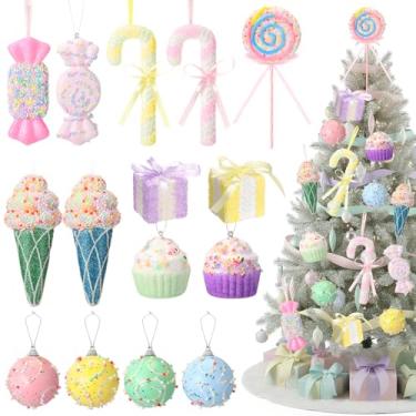 Imagem de Soulchen 15 peças de decorações de árvore de Natal doces, enfeites de Natal pastel, bengalas de doces, pirulito, sorvete, tema candyland, decoração de Natal para pendurar na árvore de Natal, festa
