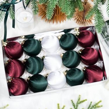 Imagem de Hismir Enfeites de árvore de Natal de veludo de 8,5 cm, conjunto de 15 bolas de Natal de cetim a granel de plástico inquebráveis, enfeites de pendurar para decoração de guirlanda de árvore (vinho