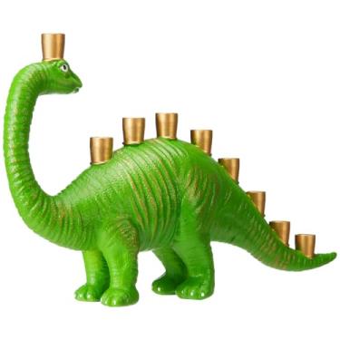Imagem de Tioncy Menorá de dinossauro, 3D, resina pintada à mão, Hanukkah, menorá com copos de latão, presentes judaicos engraçados, decorativo, dino, chanucá, castiçal para decoração de casa (verde)