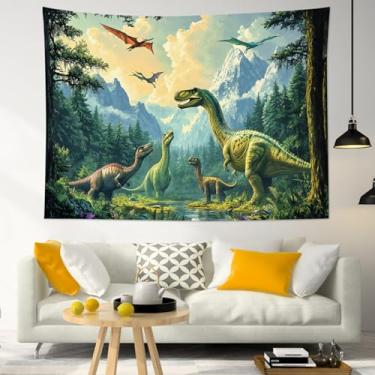 Imagem de HVEST Tapeçaria de dinossauro para quarto, dinossauro animal selvagem antigo na floresta verde, tapeçaria para pendurar na parede, montanha, natureza, paisagem, arte de parede para sala de estar, sala