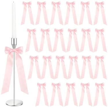 Imagem de 24 peças de laços de fita rosa para decorações de casamento, laços autoadesivos de 9 x 33 cm, decorações de cortina de guirlanda feitas à mão, decoração de festa romântica e doce para aniversário e
