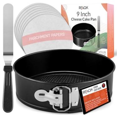 Imagem de RFAQK Forma de mola antiaderente de 22 cm - Forma de mola para cheesecake com fundo removível, espátula de cobertura bônus com 10 peças de papel pergaminho e e-book de receitas - ideal para assar