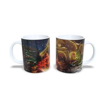 Imagem de Caneca de Cerâmica Natalina, Branca com Decoração Dourada, 325ml, Design de Estrelas e Bolas, Lavável em Lava-Louças, Material Durável, Ideal para Bebidas Quentes, Alça Ergonômica (8)