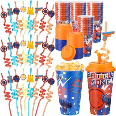 Imagem de Yungyan 36 conjuntos de copos de brindes de festa de batalha de dardos com tampas e canudos para decorações de aniversário, reutilizáveis, copos de plástico de 473 ml, canudos de plástico para festa