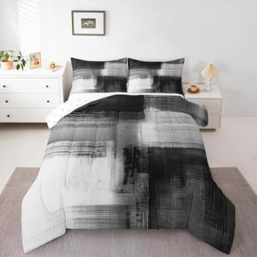 Imagem de Feelyou Conjunto de edredom cinza de arte abstrata para crianças, meninos, meninas, conjunto de cama king size com pintura a óleo abstrata, edredom geométrico, respirável, macio, leve, microfibra, 3