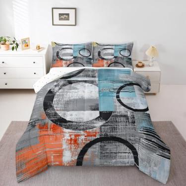 Imagem de Feelyou Conjunto de cama Groovy Flower macio retrô floral boho tamanho casal anos 70 hippie groovy flores boêmias, edredom psicodélico, floral, decoração de quarto, laranja, azul, 3 peças com 2