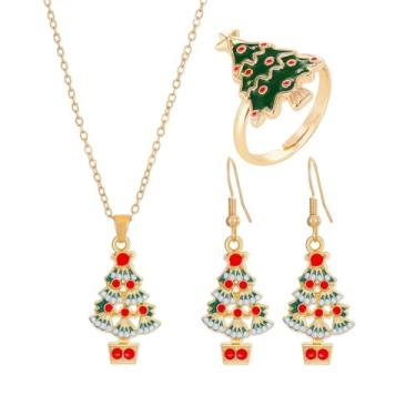 Imagem de KONPJE Conjunto de 3 peças de colares de Natal, brincos e anéis para mulheres, aço inoxidável, chian, árvore de Natal, Papai Noel, flocos de neve, meias e pingentes, brincos, anéis, presentes de joias