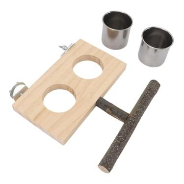 Imagem de SALALIS Alimentador de Gaiola de Pássaros Com Suporte de Madeira, Conjunto de Copo de Alimentação de Cacatua e Papagaio de Aço Inoxidável, Alimentador de Papagaio de Madeira de Bétula para Refeições