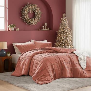 Imagem de Conjunto de edredom King com pregas de beliscar – jogo de cama de 3 peças com padrão quadriculado – microfibra pré-lavada, leve e fofo, edredom king size, laranja, aquecimento para todas as estações