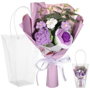 Imagem de LUMINFLY Margarida rosa tricotada, buquê de flores feitas à mão, arranjo floral de fio sintético, flores artificiais de algodão macio, para aniversário, casamento, dia das mães, presente