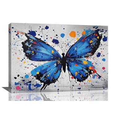 Imagem de Banksy Butterfly Wall Art Blue Butterfly Street Art Graffiti Wall Decor Pictures Painting Canvas Artwork Framed Decoration Gifts for Women Girl Living Room Bedroom Office 40.6 cm x 61.0 cm