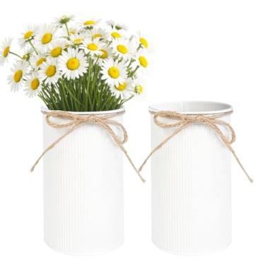 Imagem de Vaso de mesa de centro de mesa de 15 cm, potes rústicos de pedreiro com laço de barbante, recipiente vintage de metal galvanizado para decoração de casa de casamento (branco, 2 peças)