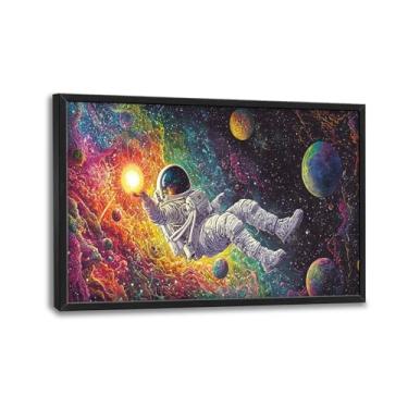 Imagem de Trimety Arte de parede de astronauta para sala de estar tamanho extra grande planetas espaciais decoração de parede grande colorido espaço sideral impressões em tela imagens gigantes pintura