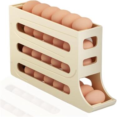 Imagem de Suporte De Ovos 4 Camadas Dispenser Automático Para 30 Ovos Rolamento Deslizante Empilhável Bege Organização Para Geladeira