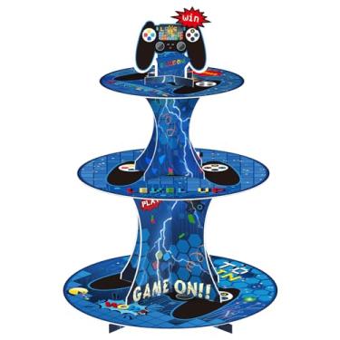 Imagem de Suporte de bolo de videogame de 3 níveis - suprimentos de festa com tema de jogos, suporte de bolo de papelão para decoração de aniversário, suporte de exibição de sobremesa redondo para festas