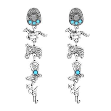 Imagem de Brincos femininos com pingente de vaqueira ocidental, turquesa, boho, chapéu de cavalo, vintage, cowboy, country, concerto, festa, acessório para fantasia, Large, Metal, Sem pedra preciosa