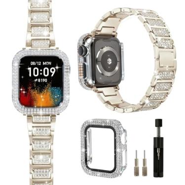 Imagem de Pulseira de metal para Apple Watch SE 3 de 40 mm com capa protetora, pulseira de cristal brilhante dourado para Apple Watch Series 6 5 4 SE SE2, joia de diamante de substituição para iPhone fina