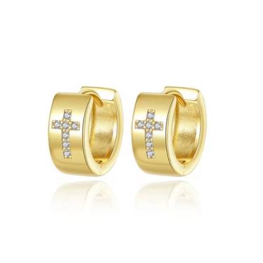 Imagem de Brincos de argola de ouro amarelo com cruz de zircônia cúbica, brincos pequenos articulados banhados a ouro 18 K com zircônia cúbica, joias modernas religiosas para mulheres