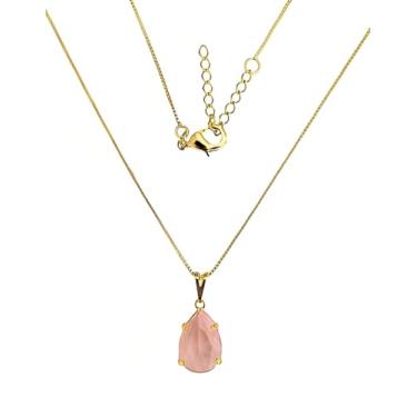 Imagem de Corrente Feminina Pingente Gota de Cristal Zirconia Rosa Bebê Banhado Ouro 18k Antialérgico