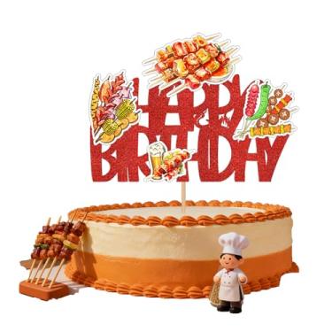 Imagem de Espetos fritos, topo de bolo, churrasco, salsicha, tema de culinária, decorações de bolo de feliz aniversário, lanche noturno, tema de churrasco, cerveja, decorações de festa para aniversário, chá de