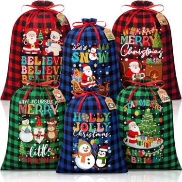 Imagem de 6 peças de sacos de presente de Natal com cordão de tamanhos variados com etiquetas, sacos grandes de estopa para presente de Natal, grande volume, tecido de algodão, saco de embrulho de presente de