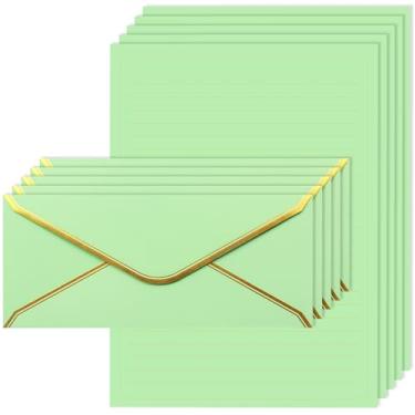 Imagem de J6&H6 Conjunto de papelaria com borda dourada; inclui 12 envelopes de tamanho padrão com borda dourada, perfeitos para cartas comerciais, escritórios da empresa