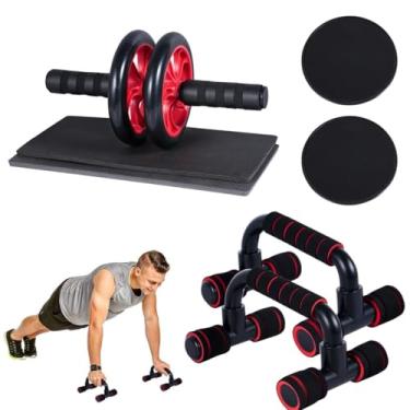 Imagem de Kit de treino básico 4 em 1 com rolo abdominal, alças push-up, joelheiras e sliders centrais para academia em casa