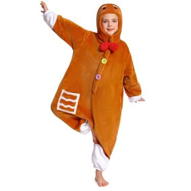 Imagem de OLAOLA Macacão infantil de animal, unissex, pijama de cosplay de pelúcia para meninas e meninos, roupa de dormir de uma peça fantasia de Halloween, Biscoito de gengibre, 4-6 Anos