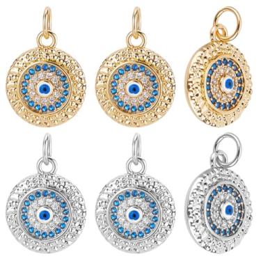 Imagem de Beebeecraft 1 caixa, 6 peças, pingentes de latão banhado a ouro 18K e platina olho turco zircônia cúbica azul profundo redondo com pingente de olho, pingentes para joias, colar, pulseira, brinco