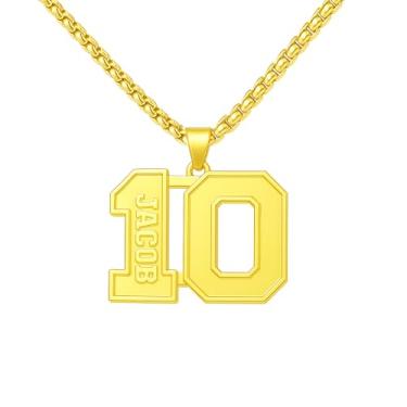 Imagem de Ldurian Colar com nome de número personalizado, pingente de corrente de número esportivo para homens, colares de nome de atletas personalizados 00-99 preto presente de aço inoxidável para homens