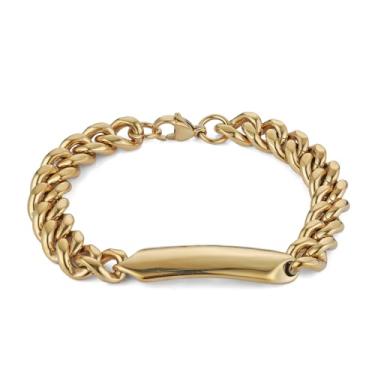 Imagem de HZMAN Pulseira masculina personalizada de elos cubanos com etiqueta de identificação em branco para gravação, corrente de aço inoxidável dourada e prata de 21 cm, presente estilo etiqueta de cachorro