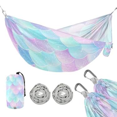 Imagem de ATTX Linda rede de acampamento com escamas de sereia – Redes leves e portáteis, capacidade de 150 kg para uso interno, caminhadas, mochilão, viagens, quintal, praia (350)