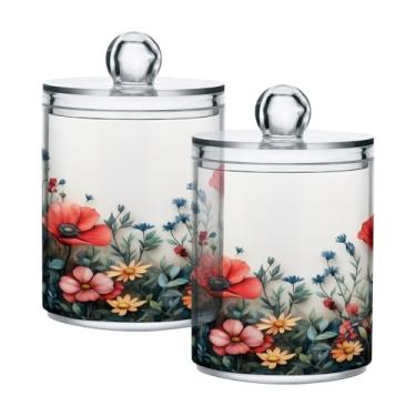Imagem de ATTX Dispensador de suporte Qtip de flores silvestres em aquarela para bola de algodão, cotonete, frasco de boticário transparente, decoração de casa, pote de armazenamento de cozinha, pacote com 2