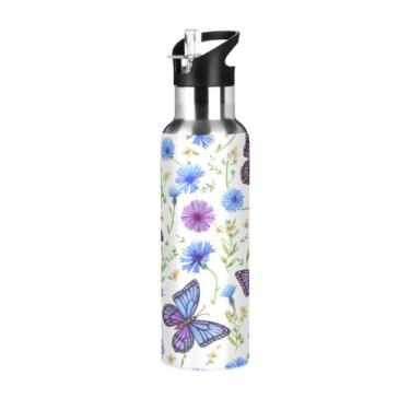 Imagem de Blueangle Garrafa de água de aço inoxidável borboletas roxas de 590 ml - Garrafa esportiva de metal isolada à prova de vazamento para academia, acampamento, fitness ao ar livre e viagens (788)