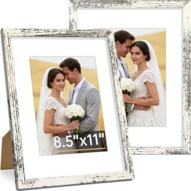 Imagem de Vittanly Conjunto de 2 porta-retratos de 21 x 28 cm, moldura de madeira maciça para parede ou mesa, exibição de foto 15 x 20 com tapete ou 21 x 28 sem tapete, branco envelhecido