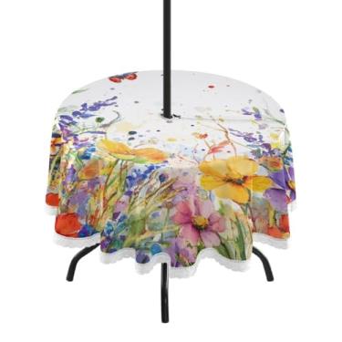 Imagem de ATTX Toalha de mesa redonda retrô Wildflowers - 152 cm, impermeável, à prova de derramamento, uso interno/externo, com orifício para guarda-chuva com zíper para acampamento, piquenique, praia, festa e