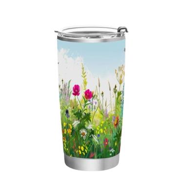 Imagem de Blueangle Copo de 590 ml com tampa e canudo, copo de café com água isolada a vácuo de aço inoxidável, caneca de viagem de jardim de verão em aquarela copo térmico para bebidas quentes e frias (947)