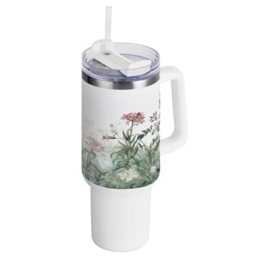 Imagem de xigua Copo vintage de flores silvestres de 1,134 g com alça e canudo, aço inoxidável duplo isolado a vácuo garrafa de água suporte de copo de garrafa de água amigável à prova de vazamento copo de
