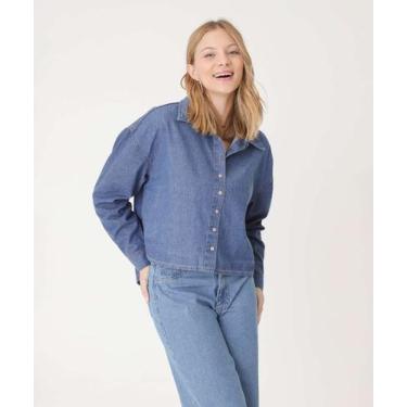 Imagem de Camisa Feminina Jeans Cropped Manga Longa Marisa-59075, Jeans azul, G