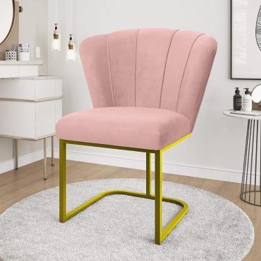 Imagem de Cadeira Jantar Flor Mesa Cozinha Reforçada Base Metal Dourada Rosa
