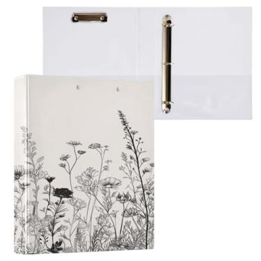 Imagem de ATTX Fichário com 3 anéis de flores pretas e brancas, 3 cm para papel tamanho carta, 21,6 cm x 28 cm, fichários com três anéis com prancheta para material de escritório #462