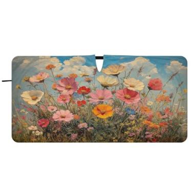 Imagem de Blueangle Pára-brisas com pintura a óleo de flores silvestres - 149.9 cm x 76.2 cm dobrável carro janela frontal blocos para-sol raios UV viseira de sol (533)