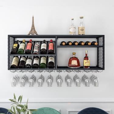 Imagem de HGTRH Prateleira de metal para pendurar na parede, prateleiras flutuantes, cálice suspenso, garrafa de vinho de grande capacidade e prateleira de exibição de garrafa de licor de vidro prateleiras de