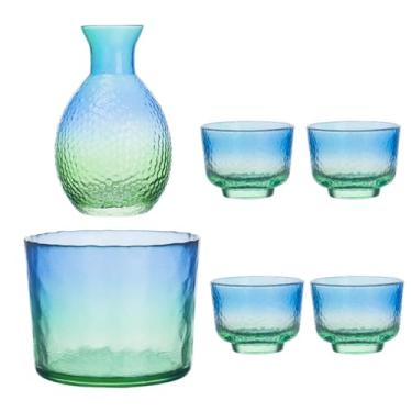 Imagem de Sake Set Glasses Hammered Texture Decanter Multifunctional Creative Sake Pot Set Transparent Sake Jug Set for Home Decoration, clear/872(Blue green)