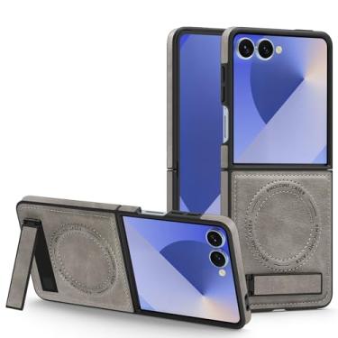 Imagem de Capa de couro com carregamento sem fio para Samsung Galaxy Z Flip 7 6 5 4 3 5g Zflip5 Zflip6 com suporte magnético (para Galaxy Z Flip4/Cinza)