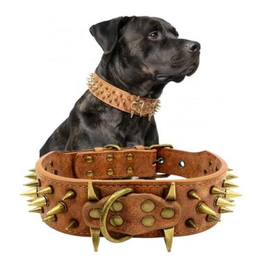 Imagem de Coleira para cachorro UVONOKAY Sharp Spiked Studded - Coleiras para cachorro de couro estilosas - serve para cães de porte médio e grandeUVONOKAY S(15.4"-20" total 22") marrom
