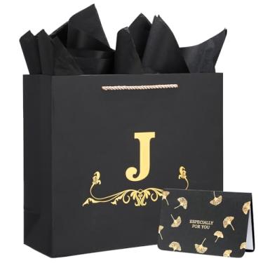 Imagem de EUSOAR Bolsa de presente de aniversário, 1 bolsa preta personalizada de 32 x 11 x 28 cm, com alças de cartão de papel, sacolas de presente para homens, mulheres, presente de casamento, casamento