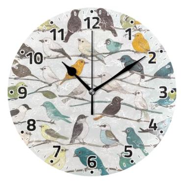 Imagem de WELLDAY Relógio de parede sem tique-taque 25 cm - Pássaros nos galhos, relógio redondo silencioso de quartzo operado por bateria para casa/escritório/cozinha/sala de aula